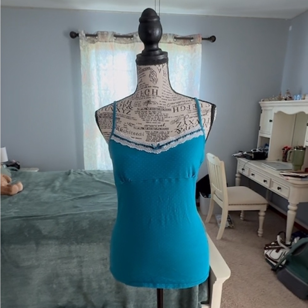 Teal Polka Dot Lace Trim Cami Tank Top – Y2K Retro Style